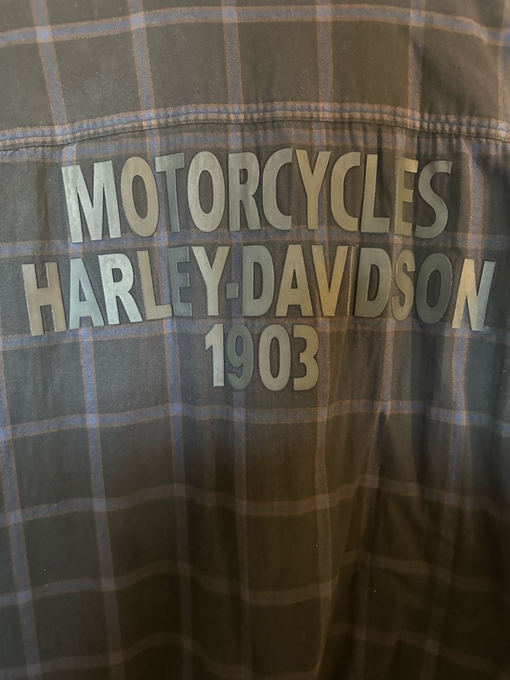 Men’s Harley-Davidson Black and Blue Plaid Button-Up with rubber lettering on bk